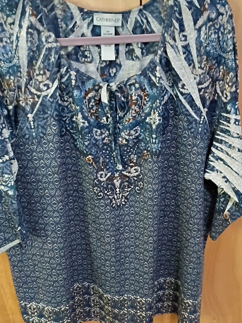 Catherines Blue Multi-Print Tie-Neck Tunic Top